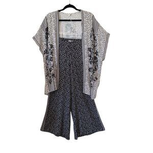 Max Studio Ivory & Black Kimono Top & Wide Leg Pants Sz S Indie, Boho